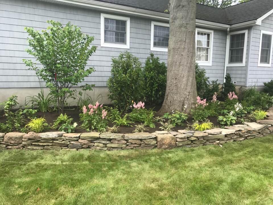 Fieldstone retaining wall with mixed perennials